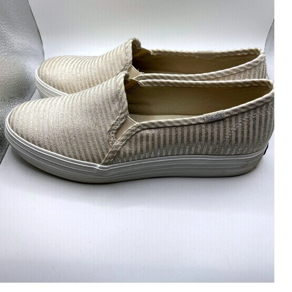 Keds Double Decker Sneaker 7.5 Cream Silver Excellent Striped Metallic Platform
